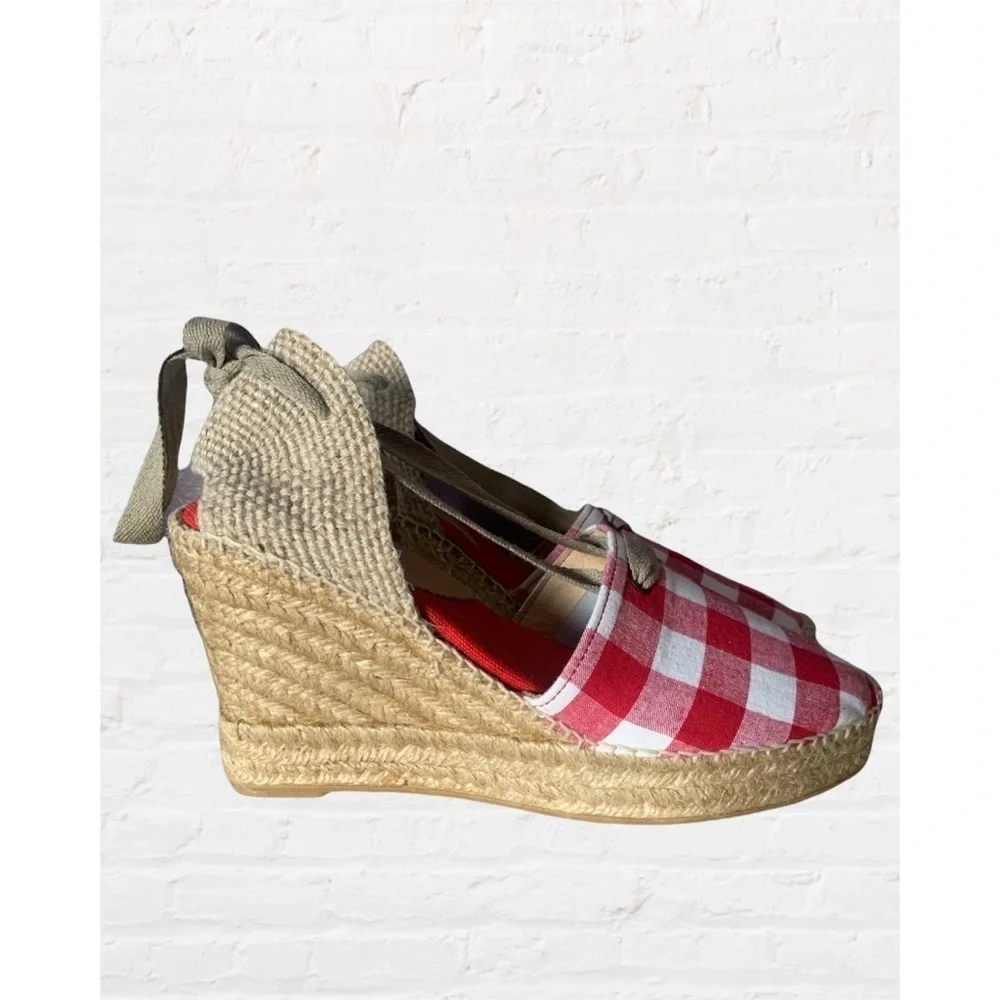 New Penelope Chilvers Valenciana Wedge Gingham Plaid Espadrille Sandals Shoes